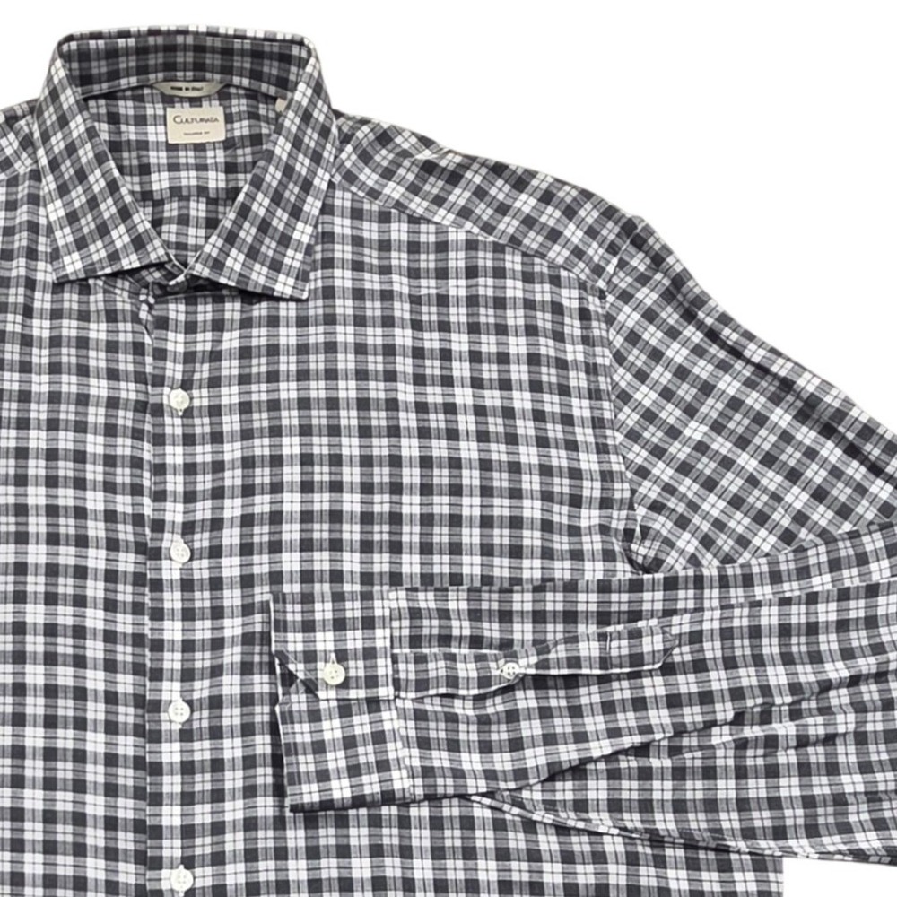 Culturata Tailored Fit Gingham Dress Shirt Gray White Mens XXL Made in Italy